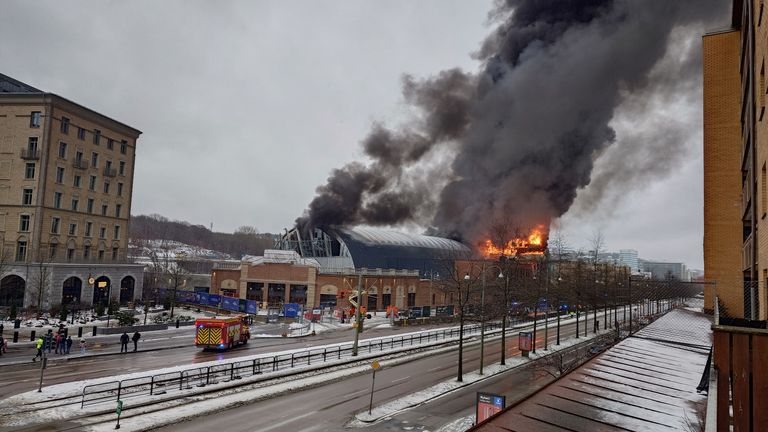 Smoke rises from a fire that broke out at Liseberg amusement park in Gothenburg, Sweden, February 12, 2024, in this social media image. Richard Mellqvist/via REUTERS THIS IMAGE HAS BEEN SUPPLIED BY A THIRD PARTY. NO RESALES. NO ARCHIVES. MANDATORY CREDITRICHARD MELLQVIST via REUTERS
