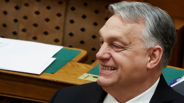 Viktor Orban smiles in Budapest after Hungary approved Sweden&#39;s NATO bid. Pic: Reuters