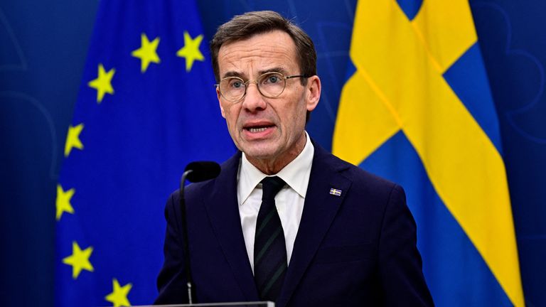 Swedish PM Ulf Kristersson speaks after Hungary approved his country's bid to join NATO. Pic: Reuters
