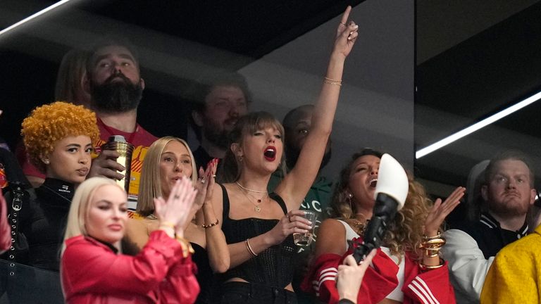 Taylor Swift reacts during the first half of the NFL Super Bowl 58 football game between the San Francisco 49ers and the Kansas City Chiefs on Sunday, Feb. 11, 2024, in Las Vegas.  (AP Photo/Ashley Landis)