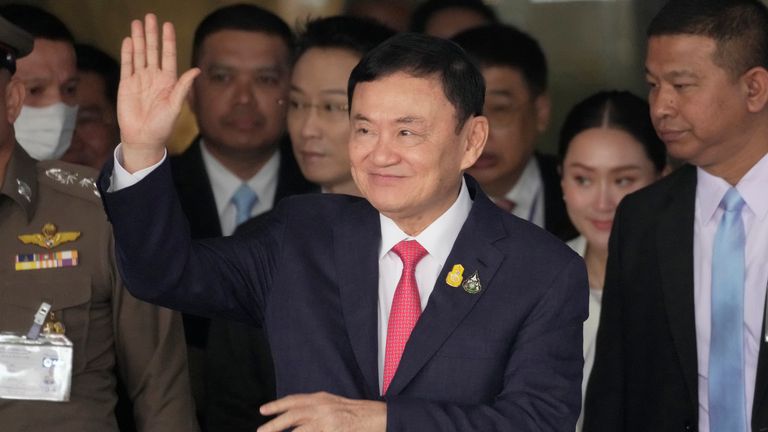Thaksin Shinawatra arrives in Don Muang airport in Bangkok, Thailand, 22 August 2023. Pic: AP
