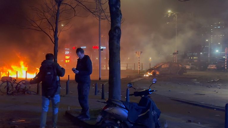 Cars set on fire as violence breaks out in The Hague  @sterkbusiness/via REUTERS
