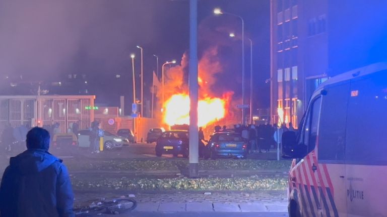 Cars set on fire as violence breaks out in The Hague  @sterkbusiness/via REUTERS
