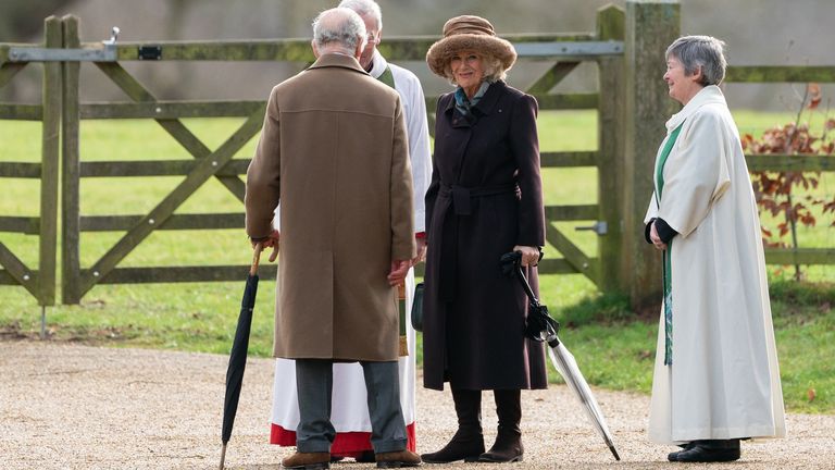 Pic: PA
King Charles III and Queen Camilla leave after attending a Sunday church service at St Mary Magdalene Church in Sandringham, Norfolk