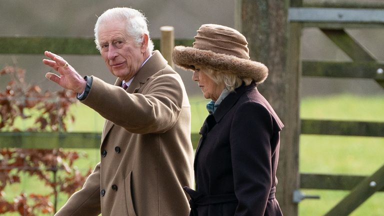 Pic: PA
King Charles III and Queen Camilla leave after attending a Sunday church service at St Mary Magdalene Church in Sandringham, Norfolk