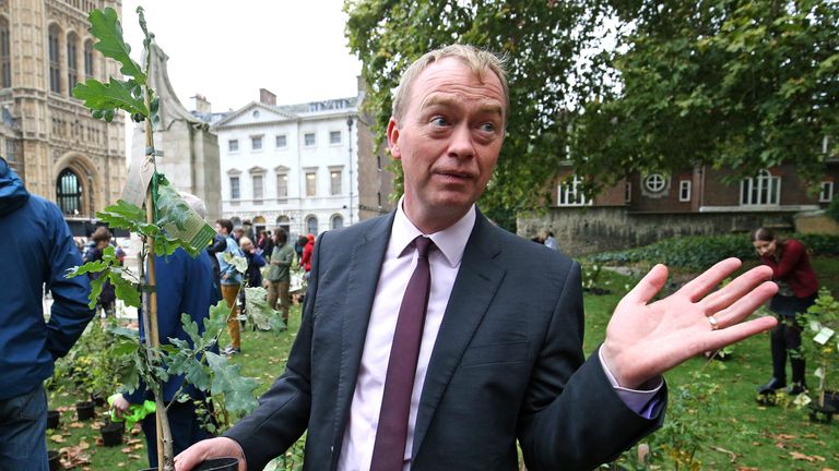 EMBARGOED TO 0001 THURSDAY AUGUST 10 File photo dated 08/10/19 of Liberal Democrat MP, Tim Farron, near Old Palace Yard outside Parliament, holding a sapling, amongst those placed by protesters, during an Extinction Rebellion (XR) protest in Westminster, London. Water firms have been accused of a "scandalous cover-up" after being unable to show much sewage they are pumping into rivers and seas. Issue date: Thursday August 10, 2023.

