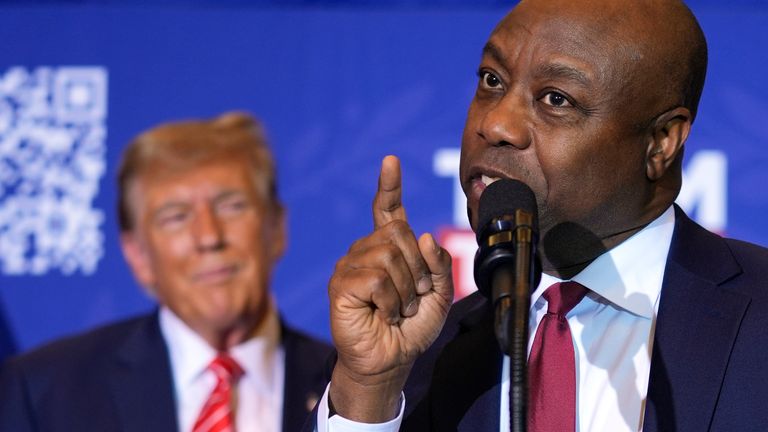 Senator Tim Scott speaks at a rally for Donald Trump. Pic: AP