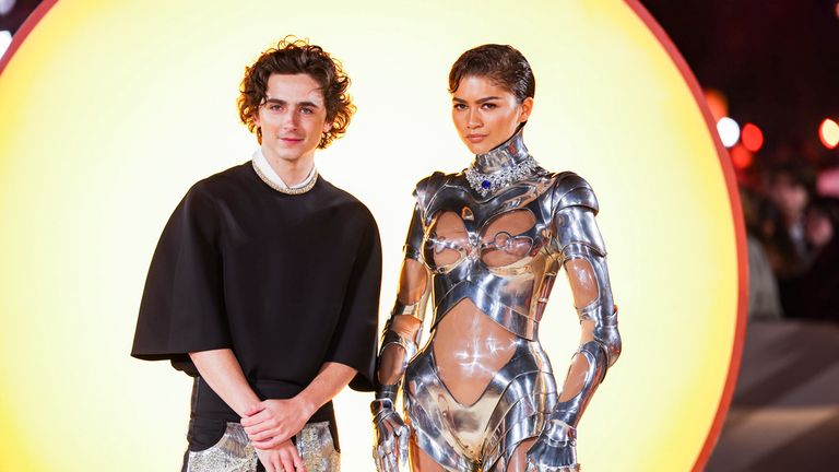 Timothee Chalamet and Zendaya pose for photographers upon arrival at the World premiere of the film &#39;Dune: Part Two&#39; on Thursday, Feb. 15, 2024 in London. (Photo by Vianney Le Caer/Invision/AP)