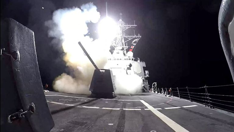 The moment the US Navy fires a Tomahawk land attack missile from the USS Gravely, against what America describes as Houthi military targets in Yemen, on 3 February 2024. Pic: Reuters