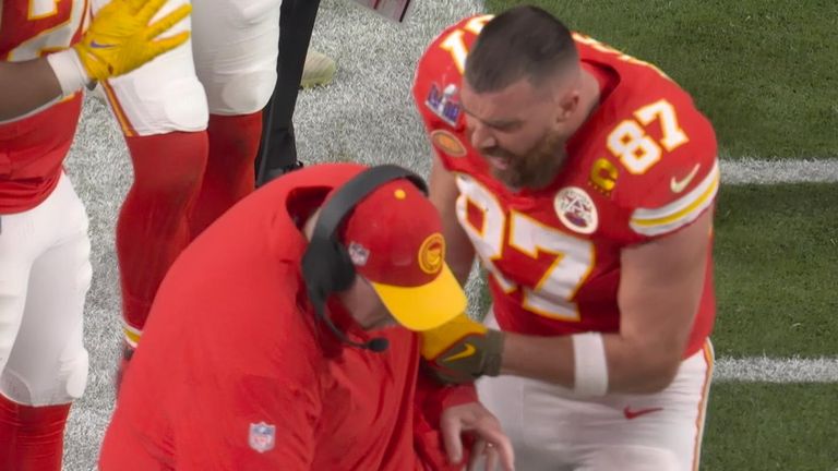 Travis Kelce remonstrating with coach during Super Bowl 