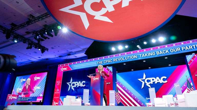 Former British Prime Minister Liz Truss speaks during the Conservative Political Action Conference, 2024 CPAC, at the National Harbor in Oxon Hill, Md., Thursday, Feb. 22, 2024. (AP Photo/Jose Luis Magana)