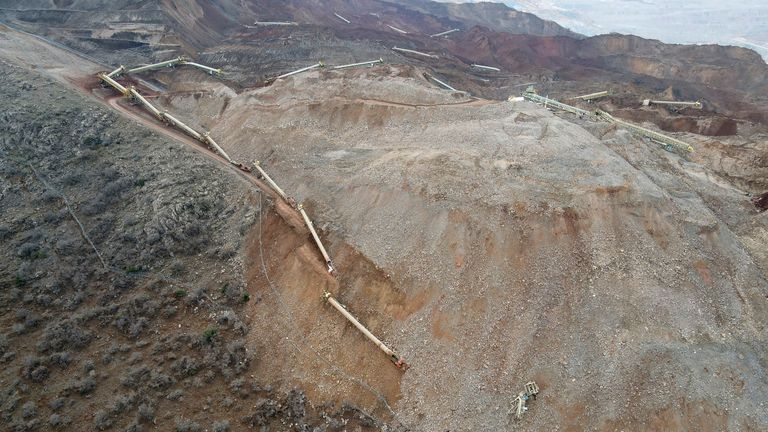 A view of the landslide at the Copler gold mine near Ilic village, eastern Turkey, Wednesday, Feb. 14, 2024. Hundreds of rescuers on Wednesday pressed ahead with efforts to search for at least nine workers trapped at a gold mine in eastern Turkey that was engulfed by a massive landslide. (Ugur Yildirim/Dia images via AP)