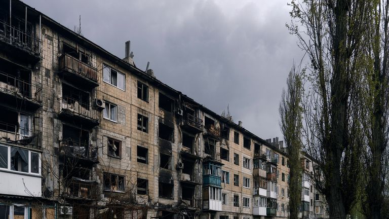An apartment building is destroyed in Avdiivka, the site of heavy battles with Russian troops in the Donetsk region, Ukraine, Tuesday, April 25, 2023. (AP Photo/Libkos)