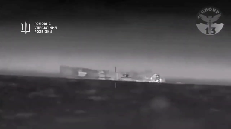 Still from a video released by Ukraine&#39;s military intelligence that appears to show the attack on the Caesar Kunikov warship. Pic: Ukraine military intelligence
