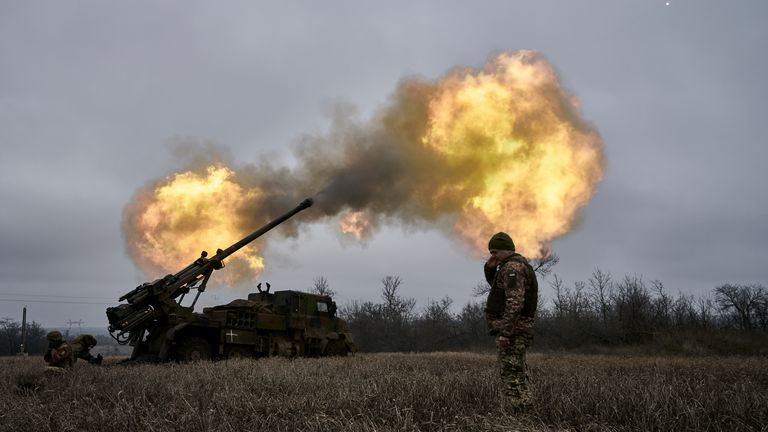 Ukrainian soldiers fire a French-made CAESAR self-propelled howitzer towards Russian positions near Avdiivka, Donetsk region, Ukraine, Monday, Dec. 26, 2022. 