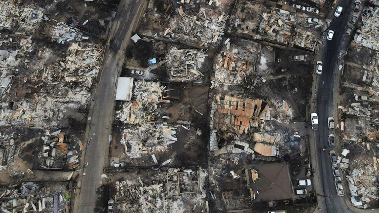 An areal view shows the burnt remains of houses following the spread of wildfires, in Vina del Mar, Chile February 4, 2024. REUTERS/Sofia Yanjari
