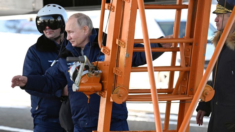 Vladimir Putin speaks after flying on a modernized Tu-160M nuclear-capable strategic bomber, in Kazan.
Pic:Sputnik/ Reuters