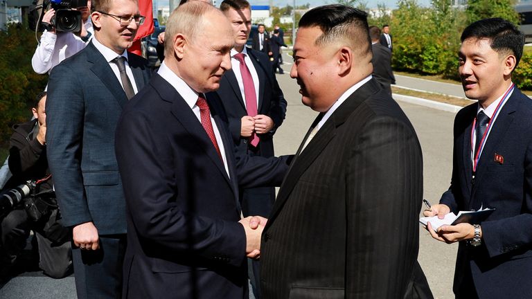 Russia&#39;s President Vladimir Putin shakes hands with North Korea&#39;s leader Kim Jong Un during a meeting at the Vostochny Сosmodrome in the far eastern Amur region, Russia, September 13, 2023. Sputnik/Vladimir Smirnov/Pool via REUTERS ATTENTION EDITORS - THIS IMAGE WAS PROVIDED BY A THIRD PARTY.     TPX IMAGES OF THE DAY     