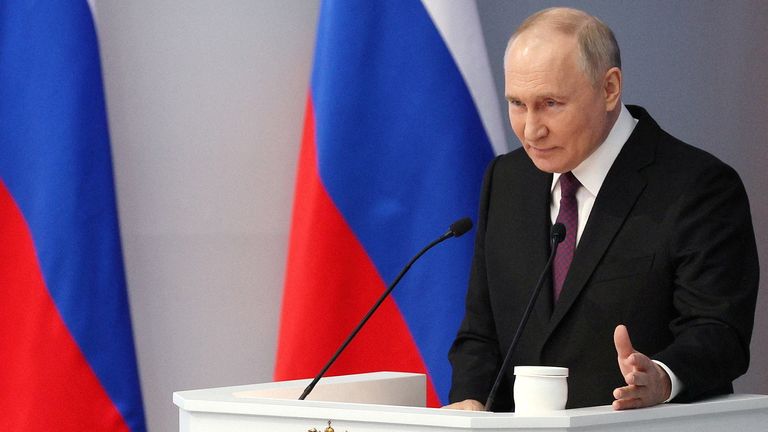 Vladimir Putin delivers his annual address. Pic: Reuters