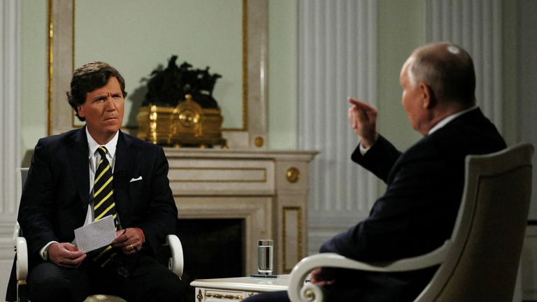 Vladimir Putin during his interview with Tucker Carlson in Moscow.
Pic: Sputnik/Gavriil Grigorov/Kremlin/Reuters