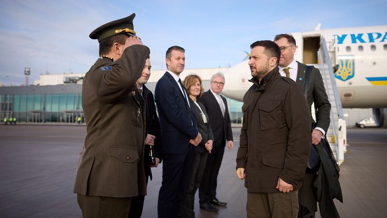 Employees of the Ukrainian embassy in Germany welcome Ukraine&#39;s President Volodymyr Zelenskyy after his arrival at an airport in Berlin, Germany February 16, 2024. Ukrainian Presidential Press Service/Handout via REUTERS ATTENTION EDITORS - THIS IMAGE HAS BEEN SUPPLIED BY A THIRD PARTY.
