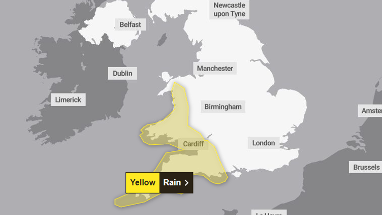 The yellow weather warning issued by the Met Office for rain in south west England and parts of Wales on Wednesday, 21 February. Pic: Met Office