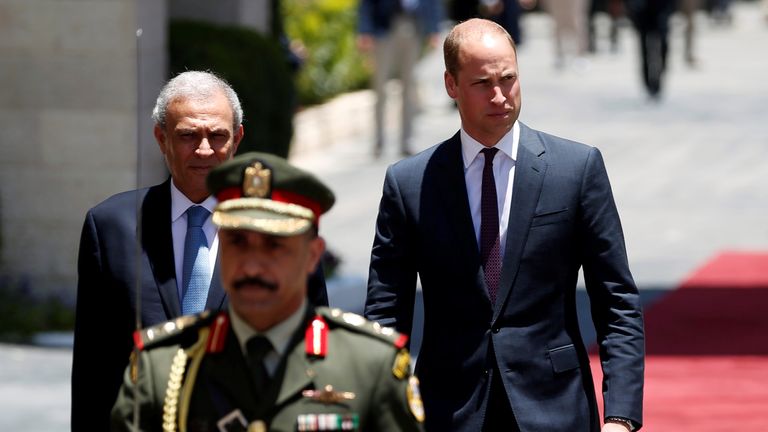 Prince William reviews the honour guard during a reception ceremony in the West Bank as he visited the occupied Palestinian territories in 2018. Pic: Reuters


, in the West Bank June 27, 2018.