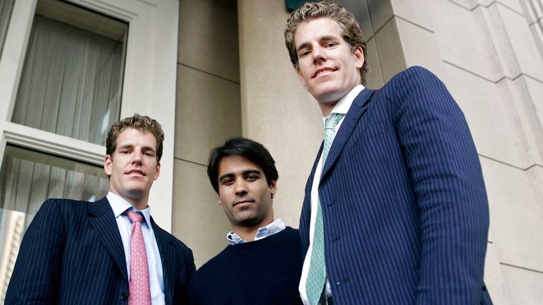 Tyler (left) and Cameron Winklevoss and their ConnectU co-founder Divya Narendra. Pic: AP