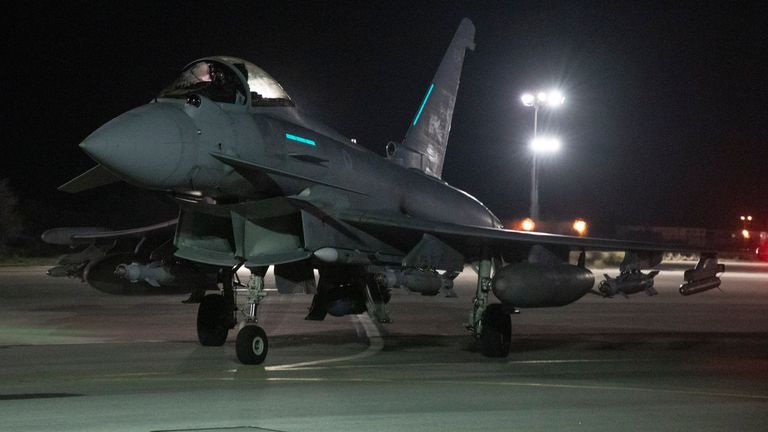 An RAF Typhoon FGR4 aircraft prepares to take-off to conduct further strikes against Houthi targets. Pic: MoD