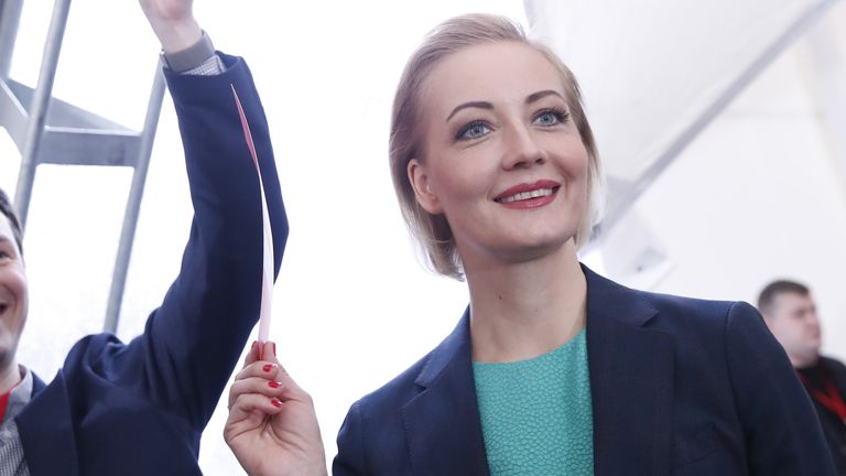 Pictured voting for her husband in Moscow in December 2017. Pic: Reuters