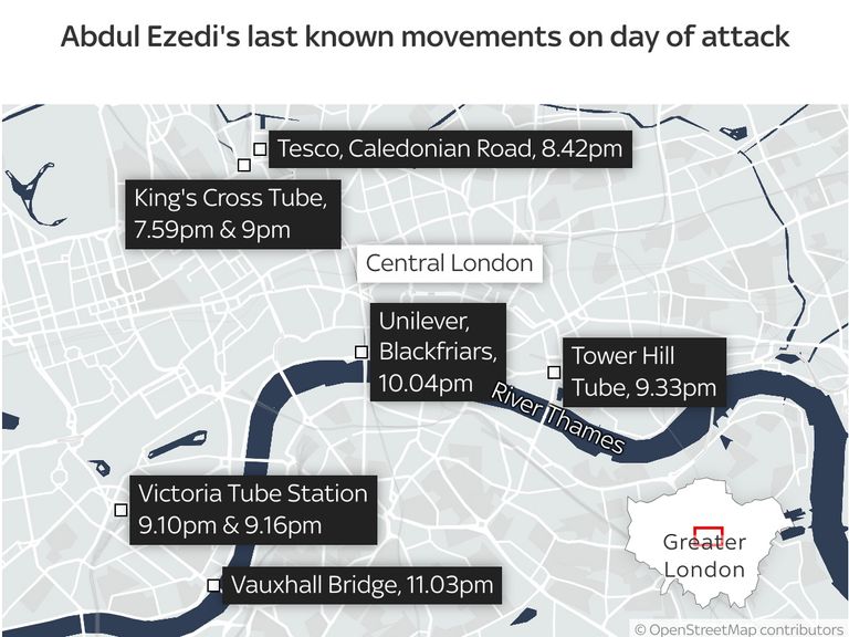 A map of Abdul Ezedi's last known movements