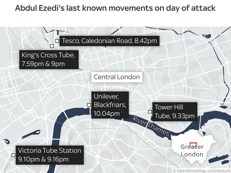 Abdul Ezedi&#39;s last known movements on day of attack map