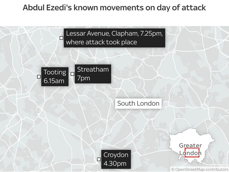 Abdul Ezedi's known movements on the day of the attack