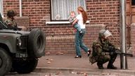 Soldiers patrol the streets of Belfast this morning (Sat) after another night of violence last night. Picture by Stefan Rousseau./PA