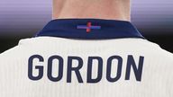 A general view of the St George&#39;s Cross detail on the back of the shirt of England&#39;s Anthony Gordon during the international friendly match at Wembley Stadium, London. The shirt&#39;s manufacturer Nike has altered the appearance of the St George&#39;s Cross using purple and blue horizontal stripes in what it called a "playful update" to the shirt ahead of Euro 2024. Picture date: Saturday March 23, 2024