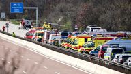 Pic: Jan Woitas/dpa/AP
Emergency vehicles and rescue helicopters are seen at the scene of the accident on the A9, near Schkeuditz, Germany, Wednesday March 27, 2024. (Jan Woitas/dpa via AP)