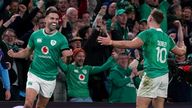 Ireland's Conor Murray and Jack Crowley celebrate after the final whistle of the Guinness Six Nations match at the Aviva Stadium, Dublin. Pic: PA