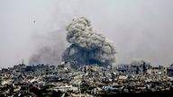 Smoke and explosions rise inside the Gaza Strip, as seen from southern Israel.
Pic: AP