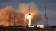 In this photo released by Roscosmos space corporation, the Soyuz 2.1a rocket with Soyuz MS-25 spacecraft carrying NASA astronaut Tracy Dyson, Oleg Novitsky of Roscosmos and Marina Vasilevskaya of Belarus to the International Space Station, ISS, lifts off from the Russian-leased Baikonur launch facility in Kazakhstan, Saturday, March 23, 2024. 