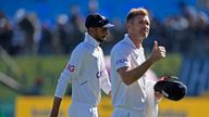 England&#39;s James Anderson gestures to the crowd as he walks with teammate Shoaib Bashir at the end of India&#39;s innings on the third day of the fifth and final test match between England and India in Dharamshala, India, Saturday, March 9, 2024. (AP Photo /Ashwini Bhatia)