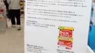 A notice says about voluntary recall of Kobayashi Pharmaceutical Co.&#39;s supplements using benikoji red rice mold at a drug store in Fukuoka City on March 28, 2024. Kobayashi Pharmaceutical Co. and other companies has begun a voluntary recall of their products in light of a rash of cases of kidney illnesses among people who have taken one of the supplements made with Kobayashi Pharmaceutical Co.&#39;s benikoji red rice mold. ( The Yomiuri Shimbun via AP Images )