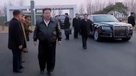 In this image made from video broadcasted by North Korea&#39;s KRT, North Korean leader Kim Jong, foreground, arrives at a greenhouse farm in Pyongyang, North Korea. (KRT via AP)