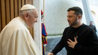FILE - This image made available by Vatican News shows Pope Francis meeting Ukrainian President Volodymyr Zelenskyy during a private audience at The Vatican, Saturday, May 13, 2023. (Vatican News via AP, File)


