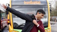 Rishi Sunak arrives for a local elections campaign launch at a bus depot in Heanor, Derbyshire.
Pic: PA