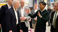 Rishi Sunak speaks with Rolls-Royce Group President Chris Cholerton during a visit to the Rolls-Royce manufacturing facility in Bristol.
Pic: Reuters
