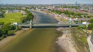 Aerial view of Hammersmith bridge across River Thames in west London, links Hammersmith and Barnes.

