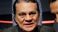 FILE - Boxing great Roberto Duran attends a news conference in New York, on Jan. 14, 2015. The family of boxing great Roberto Duran says he is receiving medical care for a heart problem. The 72-year-old Panamanian was a champion in four different weight classes. His family says he ...has suffered a health complication due to an atrioventricular blockade." WBC president Mauricio Sulaiman says in a social media post that Duran is being treated in a hospital in Panama. (AP Photo/Seth Wenig)