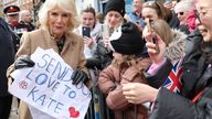Queen Camilla receives a message of support for the 
Princess of Wales from well-wishers during her visit to the Farmers&#39; Market, in Shrewsbury 