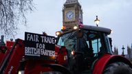 Farmers drive their tractors to Westminster to protest over post Brexit trade deals. Pic: PA