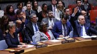 British Representative to the United Nations Barbara Woodward and Algeria’s Representative to the United Nations Amar Bendjama vote in favour, during a vote on a Gaza resolution that demands an immediate ceasefire for the month of Ramadan leading to a permanent sustainable ceasefire, and the immediate and unconditional release of all hostages, at U.N. headquarters in New York City, U.S., March 25, 2024. REUTERS/Andrew Kelly